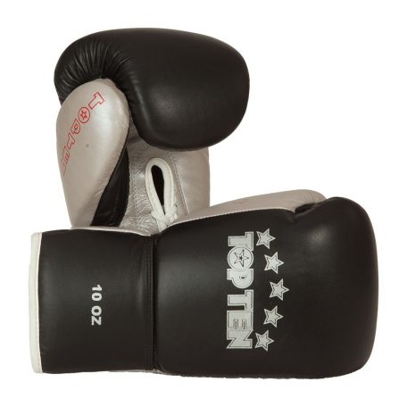 Boxing gloves, Top Ten, Profi, with laces, leather, Fekete-ezüst szín, 8 oz méret