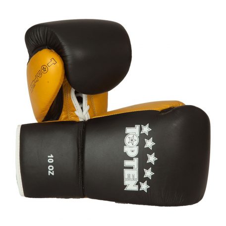 Boxing gloves, Top Ten, Profi, with laces, leather, Fekete-arany szín, 10 oz méret