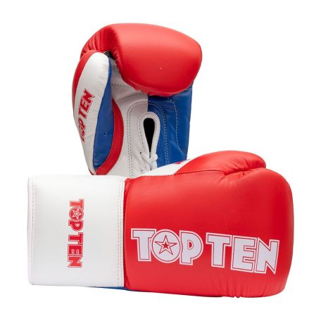 Boxing gloves, TopTen, Profi Tricolor, leather, with laces, Piros-kék szín, 10 oz méret