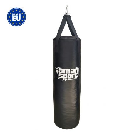 Boxzsák, Samansport Slim, műbőr, fekete, hevederrel, 100x30 cm méret