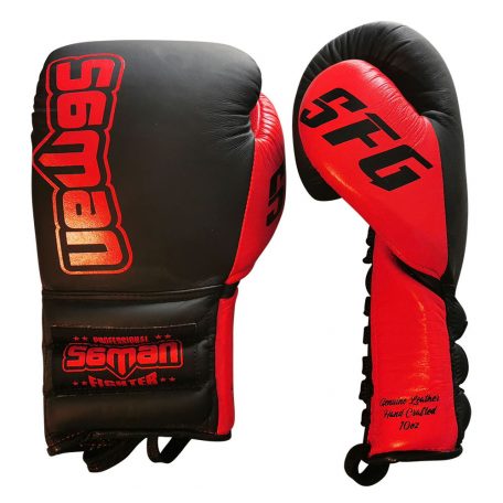 Boxing gloves, Saman, SFG, leather, with laces, Black-red, 10oz