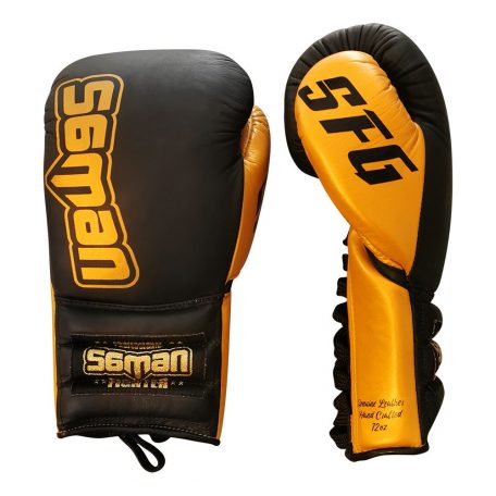 Boxing gloves, Saman, SFG, leather, with laces, Black-gold, 12oz